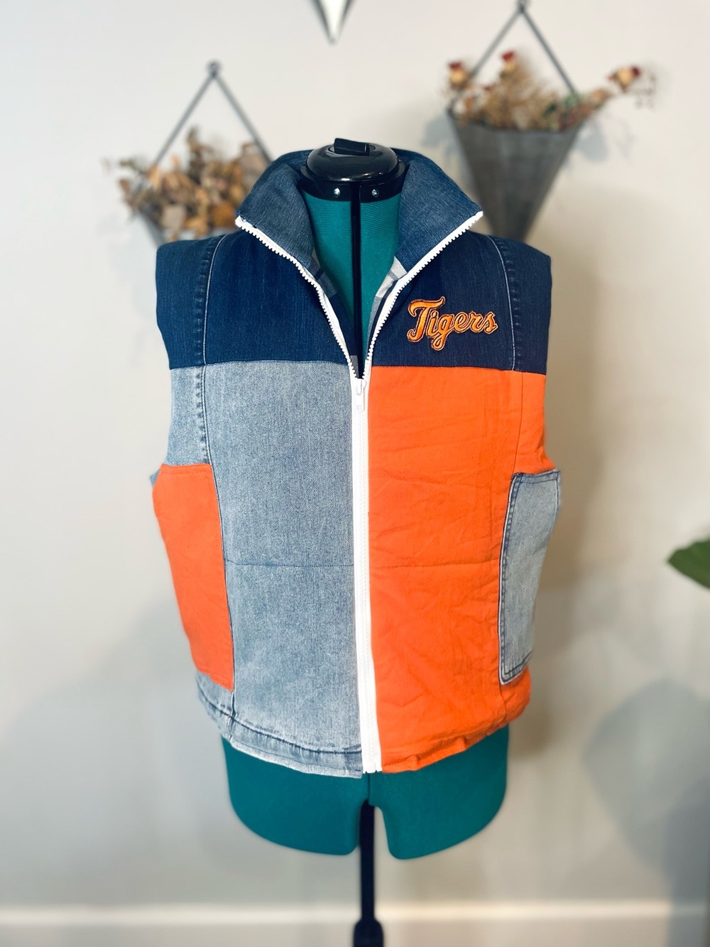 Detroit Tigers Orange and Blue Upcycled Denim Puffer Vest
